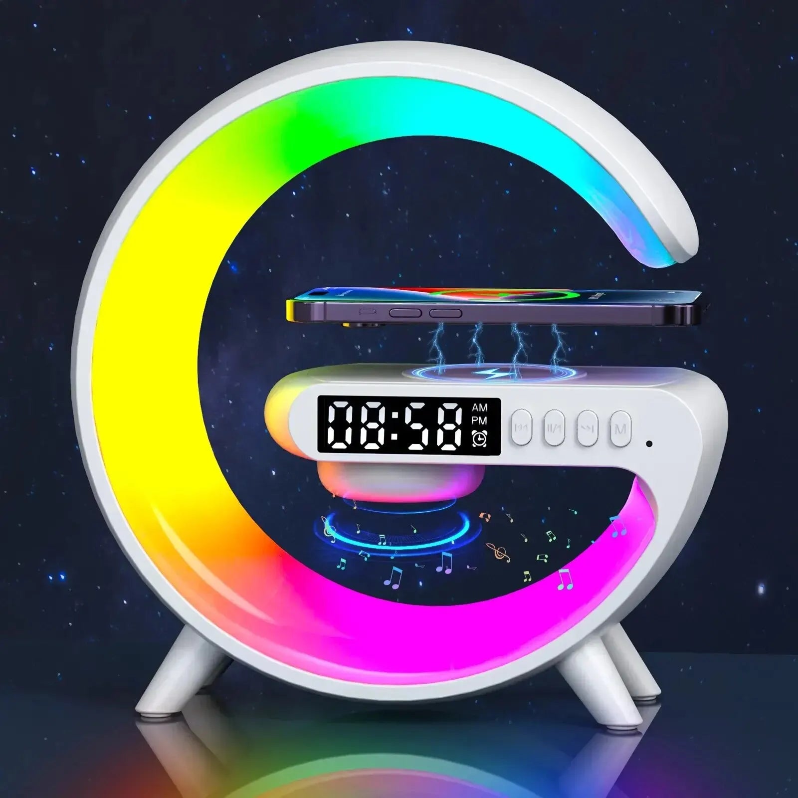 Wireless Charger Pad Stand Speaker TF Card RGB Night Light Lamp Alarm Clock Fast Charging for iPhone Samsung Xiaomi